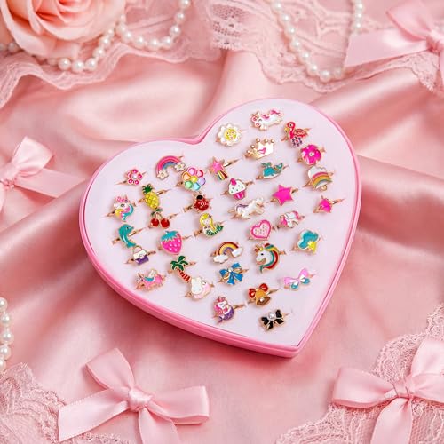 Image of PASEMM 36pcs Little Girl Alloy Jewelry Rings, Adjustable Unicorn Rings Toys, No Duplication Kids Play Ring in Box,Dress Up for 4-12 Year Old Girls, Birthday Christmas Valentine's Day Easter Holiday