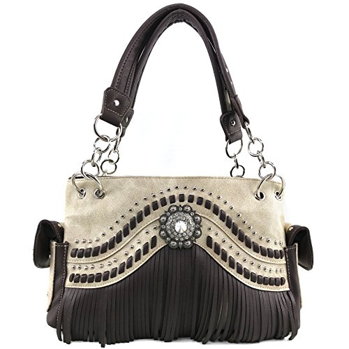 Justin West Western Tooled Rhinestone Concho Weaved Leather Fringe Chain Shoulder Handbag Purse with Concealed Carry (Beige Handbag)