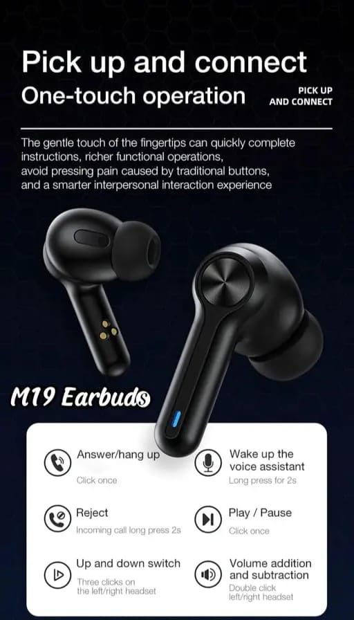 Image of M19 Bluetooth 5.3 Wireless Earbuds with LED Power Display, Noise Cancelling, Bass Boost, Gaming & Sports Headset with Mic, Torch Light (Black)