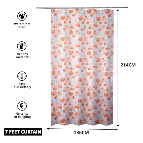 Image of Kuber Industries Shower Curtain | 7 Feet | Bathroom Shower Curtain | AC Curtains | PVC Waterproof Window Curtain | Curtains for Bathtub | 8 Rings Curtain | Orange Gulab | Blury Transparent
