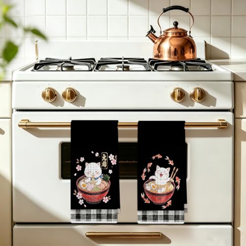 Image of 2 Pcs Funny Japanese Cat Eating Ramen Kitchen Towels 24x14 Inch, Japanese Reusable Dish Towels for Kitchen Bathroom Decor, Waffle Weave Absorbent Tea Towel, Cute Cat Lover Gifts for Women Mom Friend