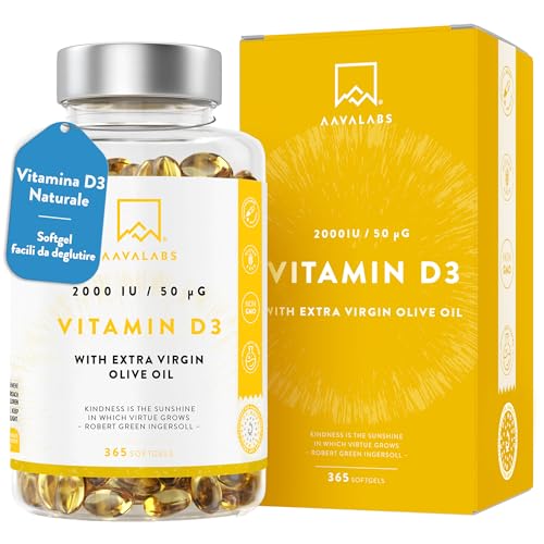 Vitamina D3 2000 UI [Fornitura di 1 Anno] - Integratore Vitamina D 2000 UI con Olio EVO per assorbimento ottimale - Non OGM - Contribuisce alla funzione ossea, muscolare e immunitaria - 365 Capsule