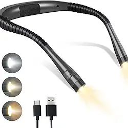 Luz de livro, luz de Leitura de 3 Cores e 6 Níveis de Brilho Pescoço Dobrável, Lâmpada Recarregável com Duração de 80 Horas, Leitura na Cama, Tricô, Acampamento