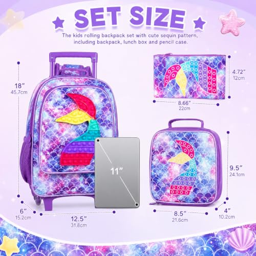 Image of Rolling Backpack for Girls and Boys,Unicorn Mermaid Dinosaur Roller Backpacks Set with Wheels for Kids, Fish Rolling Purple, One Size, Fish Rolling Purple