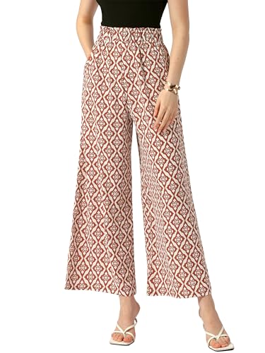 Allegra K Women's Printed Elastic Tie Waist Summer Boho Wide Leg Long Pant