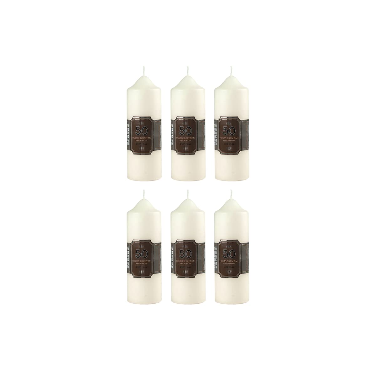 Pillar Candles Pack of 6 Long Burning Large Candle 5cm x 15cm with 50 Hours Burn Time - Dripless, Smokeless, Unscented Church Candles - Ideal for Weddings, Spa and Parties