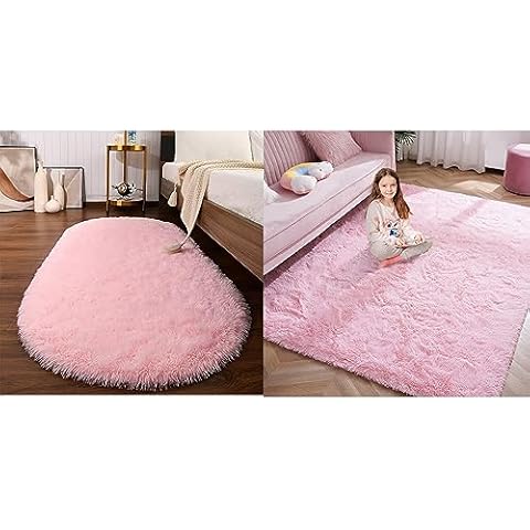 Softlife 2 Pink Rugs Set, 4'x5.3' Rectangular and 2.6'x5.3' Oval Rug Set, Area Rugs for Bedroom Living Room, Fluffy Fuzzy Shag Shaggy Carpet Soft Plush Furry Bedside Rug Cover