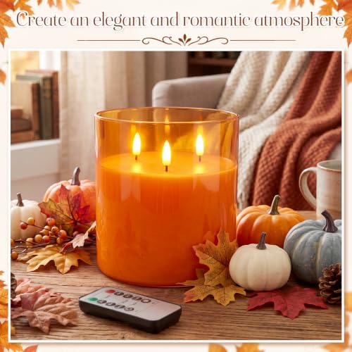 Image of Retisee 6'' x 6'' Extra Large Flameless Candles, 3 Wick Glass Large Fall Candles with Remote Control and Timer Function, Real Wax LED Pillar Flickering for Autumn Party Decor(Classic,Orange,1 Pcs)