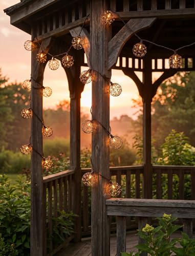 Image of Outdoor Patio String Lights, 8.5FT 10 LED Beaded Copper Wire Ball Lights, Connectable Weather-Resistant Decorative Lights for Pergola, Porch, Bedroom, Backyard & Party