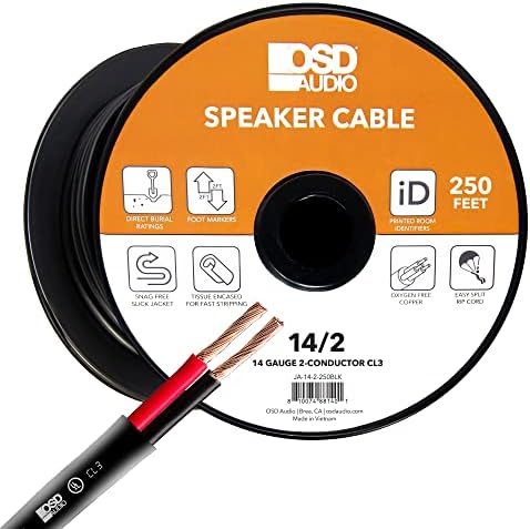 OSD 14/2 Speaker Wire 14 AWG/Gauge 2 Conductor 250FT UL List in Wall Direct Burial Graded CL2/CL3 Oxygen Free Copper OFC - Black