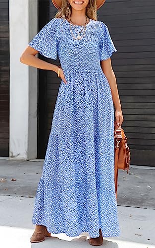 Image of PRETTYGARDEN Women's 2026 Summer Casual Flutter Short Sleeve Boho Floral Maxi Dress Crew Neck Smocked Tiered Long Dresses
