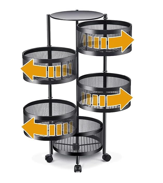 Image of MARKWELL Round Rotatable Kitchen Trolley with Wheels | Vegetable Fruit Onion Storage Rack | Multipurpose Metal Kitchen Organizer Stand | Matt Black (Round - 5 Layer)