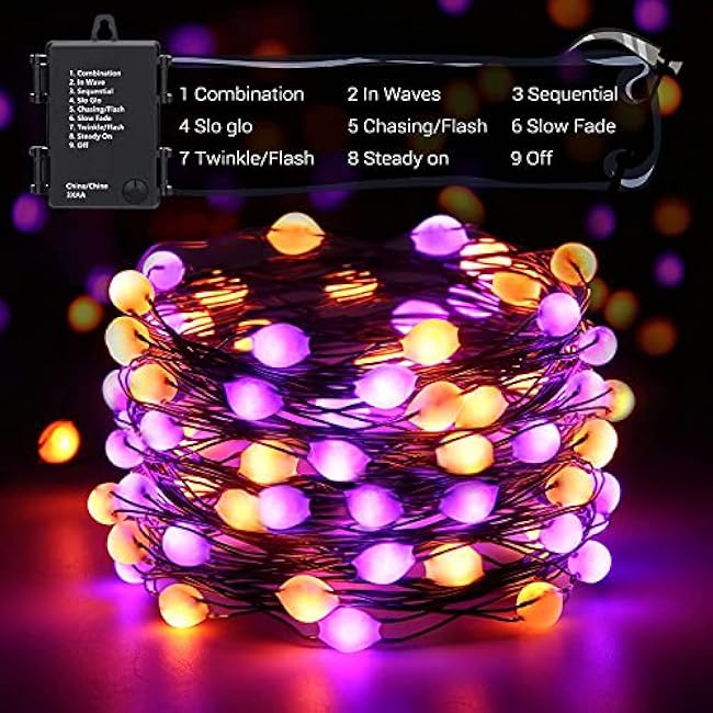 Lomotech Orange Purple Halloween Lights, 2 Pack 16.4ft 50 LED Battery Operated Halloween Fairy Lights with Timer Function, 8 Modes Waterproof Twinkle Lights for Halloween Decorations (Black Wire)