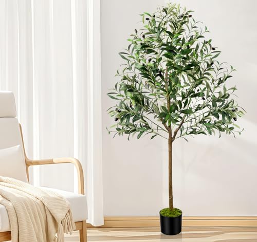 Olivenbaum Künstlich, Lindahandel 150cm Kunstpflanzen Groß, Fake Olivenbaum mit Kunstmoos zum Dekorieren, Artificial Olive Tree im Topf Oliven Baum Künstlich für Wohnzimmer Büro Mediterrane Deko