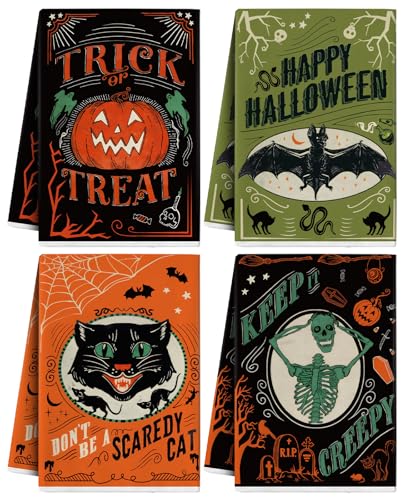 JarThenaAMCS Halloween Kitchen Towels Vintage Scaredy Cat Pumpkin Skeleton Bat Dish Towel Trick or Treat Hand Drying Tea Towel for Home Kitchen Bathroom Decor 4Pcs