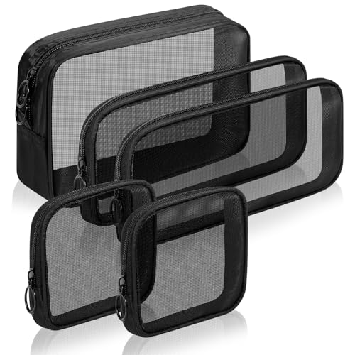5 Pieces Mini Zipper Nylon Mesh Pouch, Mesh Cosmetic Bags Makeup Bags, Multipurpose Travel Toiletry Bags for Office Supplies and Travel Accessories (Black, Assorted Sizes)