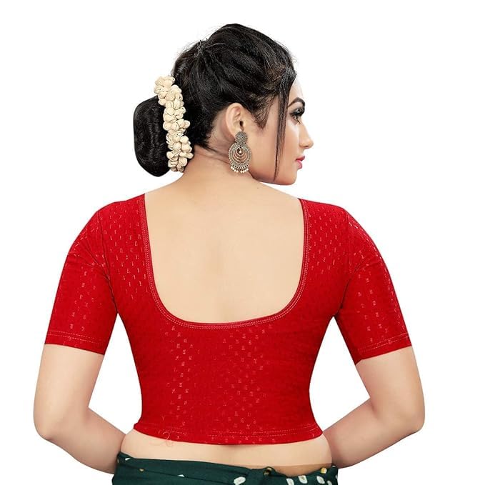 round neck dobby cotton lycra stretchable elbow sleeve readymade saree blouse for women stylish