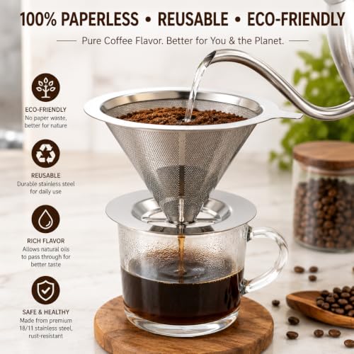 Image of Stainless Steel Pour Over Coffee Filter | Reusable Paperless Fine Mesh Coffee Dripper with Wide Rim & Handle | 4 Inch Stable Base | Manual Coffee Maker for Home, Office & Travel
