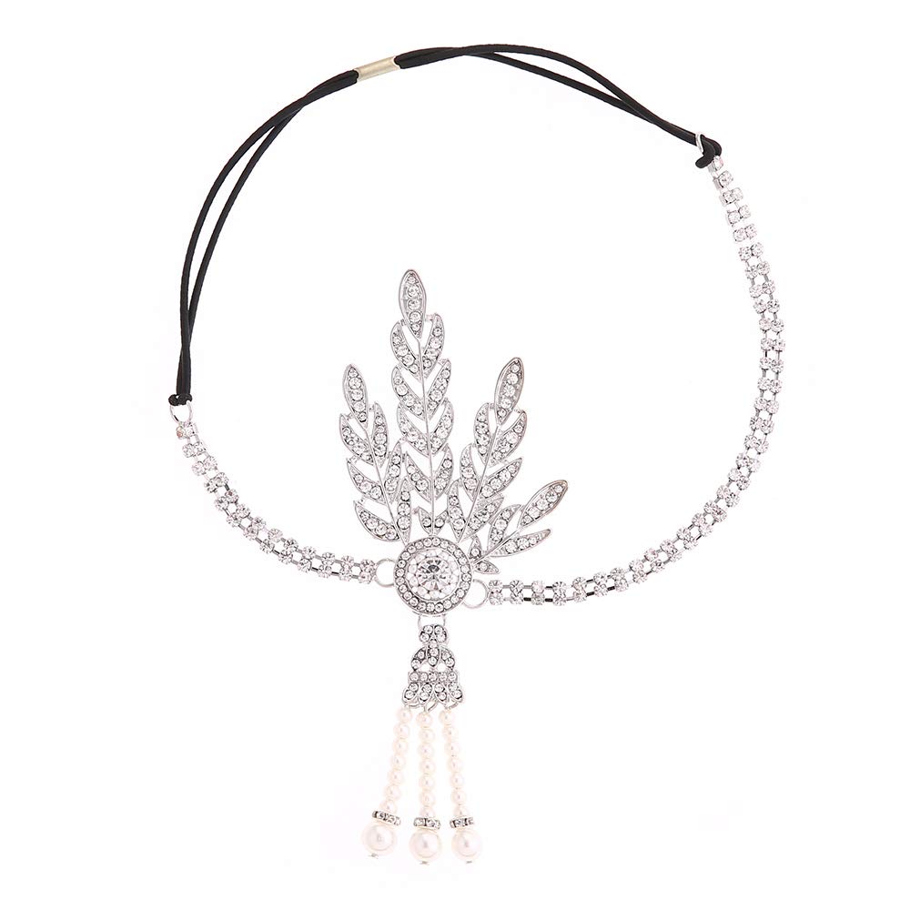 CBLUO Silver Tone: 1920S Flapper Headband Great Gatsby Hair Hoops Rhinestone Crystal Tassel Headdress Leaf Pearl Headwear Headpiece Women Girls Hairband Hair Band Party Decoration Cospl
