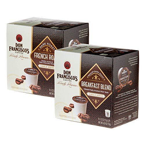 Don Francisco's Dark Roast Variety Pack (Breakfast Blend and French Roast Flavored Coffee), Single-Serve Pods for Keurig, Family Reserve, 18-Count (36 Total)