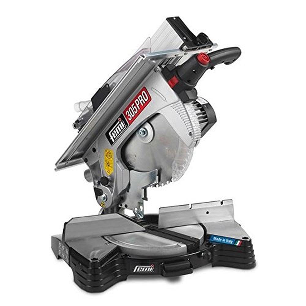 FEMI FM-305PRO - Troncatrice 1300W - 305mm - Legno e Alluminio - Piano Superiore in Alluminio - Motore a Induzione - Base con Protezione Integrata - Nuova Impugnatura T.P.S a Tre Posizioni