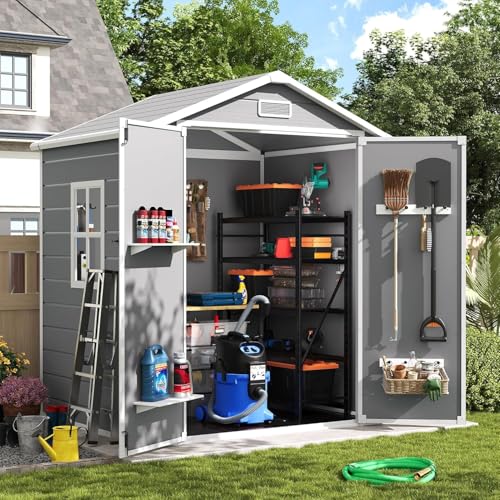 UDPATIO Gartenhaus wetterfest 183 x 137 x 210 cm, 3.9 m³, Kunststoff-Harz außerhalb Schuppen & Outdoor-Lagerung für Mülleimer,Rasenmäher mit abschließbarer Tür für Rasen, Terrasse, Grau & Weiß