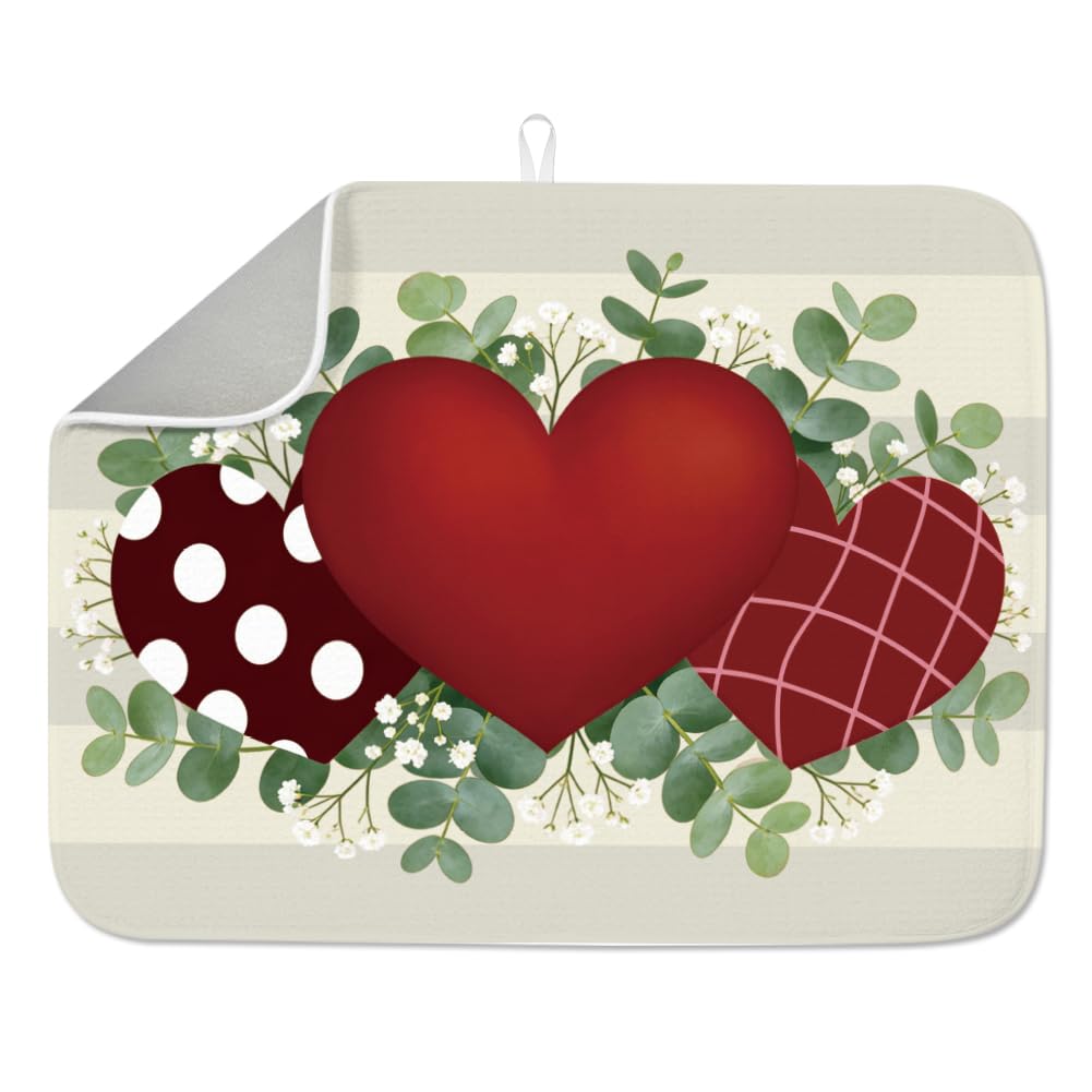 INFUNLY Plaid Eucalyptus Hearts Drying Mat 17.7x23.6 Wedding Holiday Table Mats Valentine Day Dish Drying Pad for Kitchen Checkered Eucalyptus Hearts Placemats for Table Countertop Sink Coffee Bar