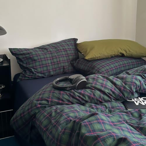 Image of EAVD Vintage Plaid Duvet Cover Twin Pink Green Gingham Duvet Cover Set | Soft 100% Washed Cotton 3-Piece Reversible Plaid Bedding Set 1 Duvet Cover with 2 Pillowcases Zipper Closure Corner Ties