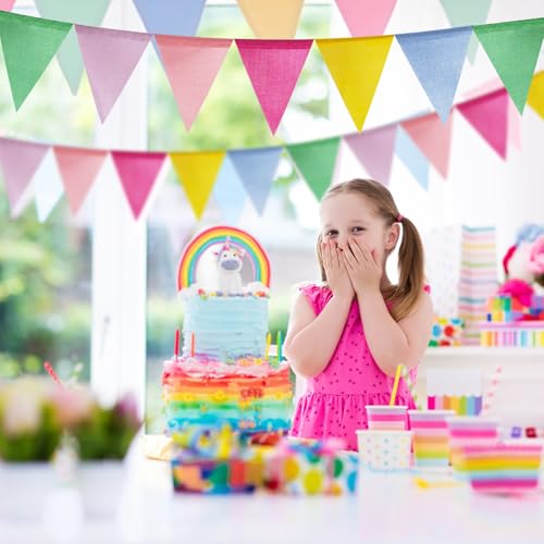 Image of Reusable Pastel Pennant Banner Flags 60 Pack 36ft Burlap Bunting for Party | Washable & reusable burlap bunting, durable indoors & out, ideal for birthday, Easter, school, carnival, classroom & party