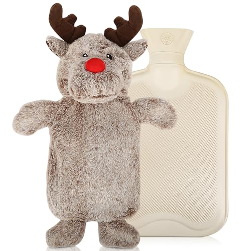 Wärmflasche Kinder, Weihnachtsrentier Plüsch 1L Wärmflasche mit Bezug, Tier Thermophor mit Auslaufsicherem Gummi, Bettflasche für Kinder und...