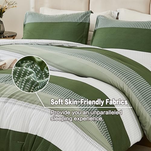 Litanika Olive Green Comforter Set King - 3 Pieces Lightweight Olive Green White Colorblock Stripe Fluffy Bedding Comforter Sets, All Season Bed Set
