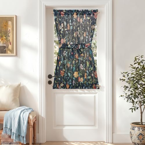 Image of jinchan Hattie Floral French Door Curtain 40 Inch Length Vintage Cottage Core Farmhouse Linen Decor for Glass Door Light Filtering 1 Panel with Tie Up Bow Rod Pocket Dark Blue