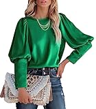 PRETTYGARDEN Women's 2023 Fashion Satin Tops Long Puff Sleeve Crewneck Casual Loose Fit Blouse Shirt (Green,Medium)