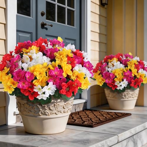 Image of 16 Bundles Artificial Flowers for Front Door, Fake Silk Azalea Bouquet Silk Flowers for Outside UV Resistant Realistic Faux Plants for Planter Farmhouse Patio Garden Walkways Home Decor (Mixed Color)