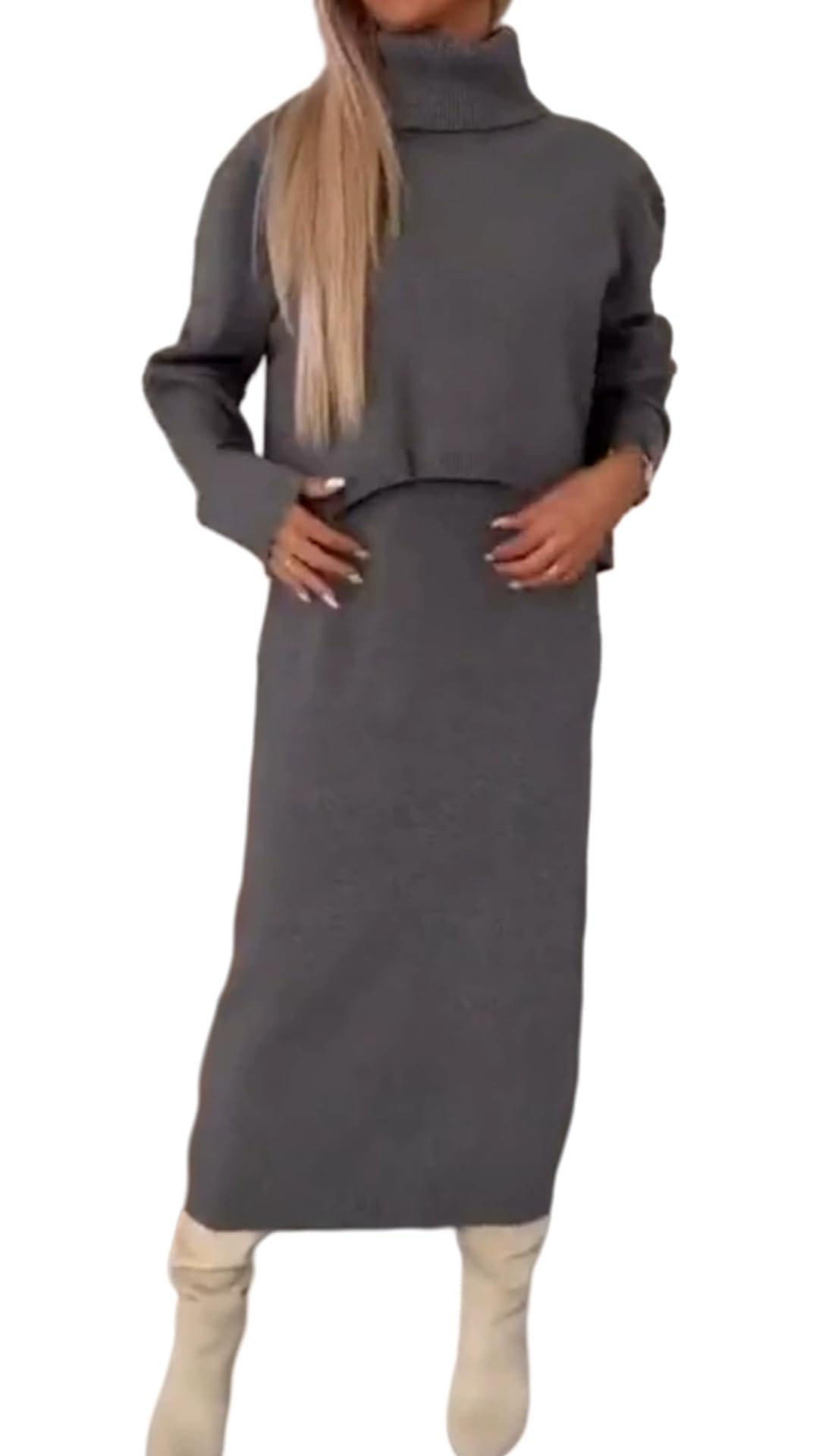 Ensemble robe midi et pull à col roulé blanc, robe pull à col roulé pour l'automne et l'hiver, costume chaud confortable