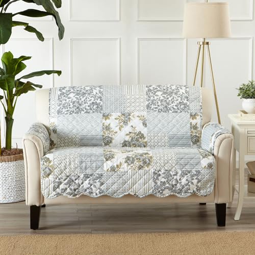 Image of Great Bay Home Reversible Patchwork Loveseat Cover - Washable Slipcover Furniture Protector with Elastic Straps - Perfect for Kids & Pets - Box-Stitched Detail (Grey)