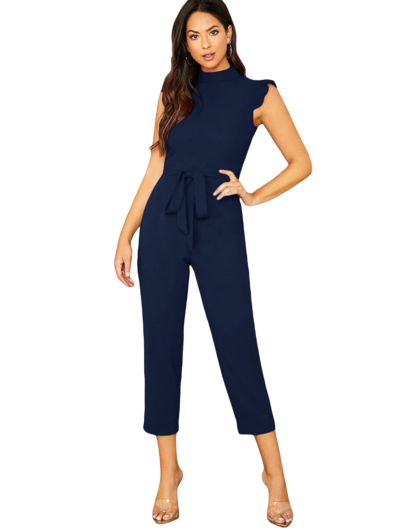 WDIRARAWomen's Sleeveless Mock Neck Ruffle Trim Belted Cropped Jumpsuit Romper