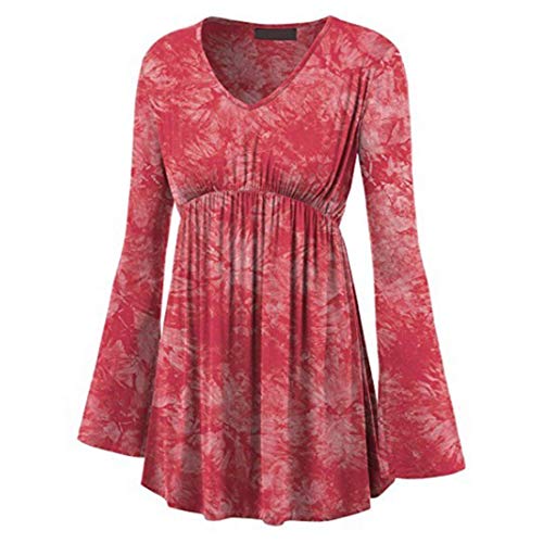 ZGRNPA Damen 3/4 Ärmelshirt mit Bündchen Lässige V-Ausschnitt Plissee Fließend Tunika Bluse T-Shirt Langarm V-Ausschnitt Floral Knopfleiste Plissee Bluse Casual Locker Blumen Tunika Tops Cover