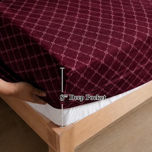 Image of Warm Flannel (Flano) King Size Winter Fitted Bedsheet | All Side Elastic Premium Winter Soft Velvet Furnishing Bed Sheet with 2 Big Pillow Cover Size - 72 x 78 X 8 Inches Dark Maroon
