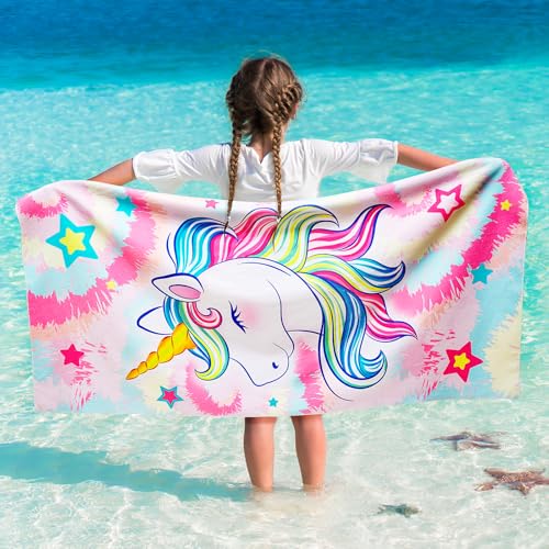 WERNNSAI Unicorn Kids Beach Towel for Girls - 30 x 60 Unicorn Sand Free Swim Towels for Girls Bath Pool Camping Travel Towel Quick Dry Ultra Absorbent Super Soft Beach Blanket Bath Shower Towel
