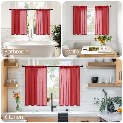 Image of BGment Red Linen Cafe Curtains 36 Inch Length, Small Half Drapes Semi Sheer for Kitchen Window Over Sink Bathroom with Rod Pocket Lightweight, 2 Panels Set, Each 24 Inch Wide