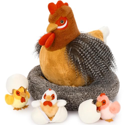 MorisMos Poulet Peluche XXL 35cm avec Bébés dans Le Ventre, Réaliste Poule en Peluche Pâques...