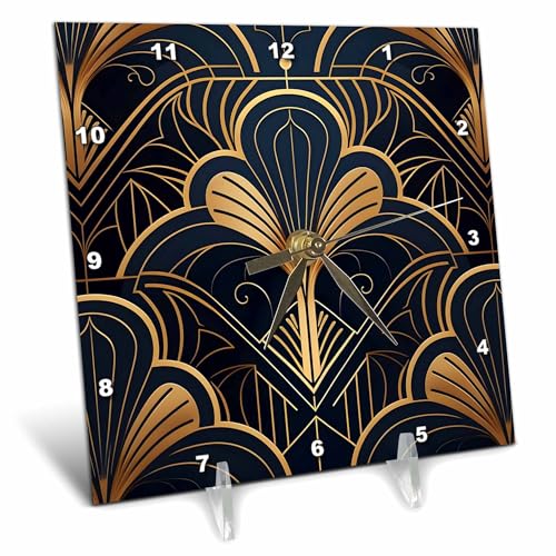 3dRose 6x6 Desk Clock - Black and Image of Gold Art Deco Ornamental Background Patterns and Backgrounds