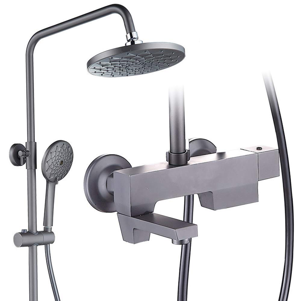 CWCQGH Rain Dark Grey Rain Mixer Shower Combo Set Wall Mounted Exposed Bathroom Shower Faucet Set with Shower Head, Handheld Shower, Swivel Tub Spout,Round