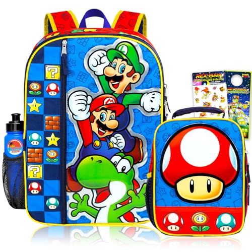 Mochila Mario com conjunto de lancheira – Pacote com mochila de 43 cm com Luigi, Yoshi, mais lancheira, adesivos, garrafa de água, mais | Super Mario Bros Mochila escolar para meninos