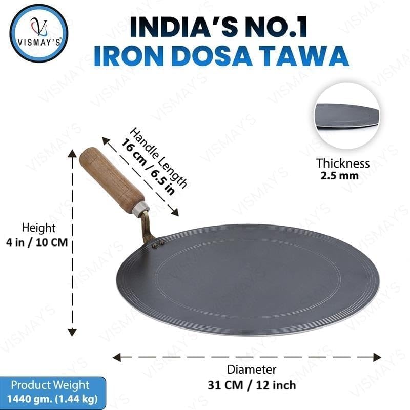 Image of VISMAY'S 12 Inch Food Grade Pure Iron Dosa Tawa Lohe ka Tava Multipurpose Chapati Utappam Thawa Smooth Edge Metal Spoon Friendly Strong Wooden Handle Gas Compatible