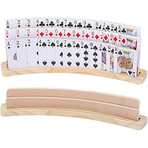 Exqline Curved Wooden Playing Card Holder Tray Rack Organizer Set of 2 Solid Card Holder for Kids Seniors - 13.8 x 1.9 x 2.4 Inch for Bridge Canasta Strategy Card Playing Cover