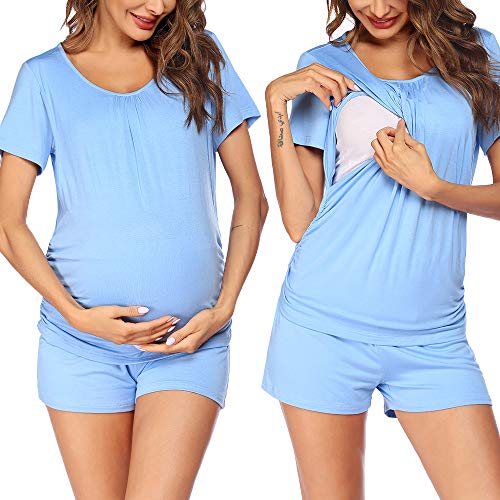 Image of Ekouaer Maternity Pajamas Nursing Pjs for Breastfeeding Sleepwear Postpartum Loungewear Maternity Clothes Light Blue S