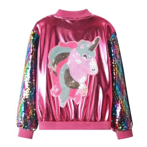 Image of WELAKEN Girls Sequin Sparkle Zip Bomber Jacket | Sequin sleeves, shiny bomber style, ribbed trim, smooth zipper and side pockets for party, dance, school and photos