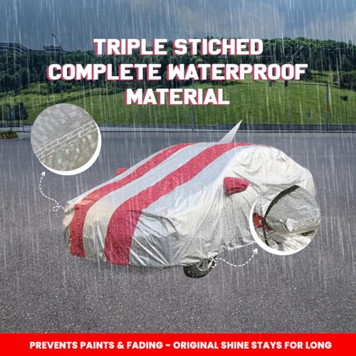 Image of Autofact Waterproof Car Body Cover Compatible with Hyundai Grand I10 (2013 to 2019) with Mirror and Antenna Pockets (Pink Stripes with Shinning Silver Fabric /Waterproof Cover)